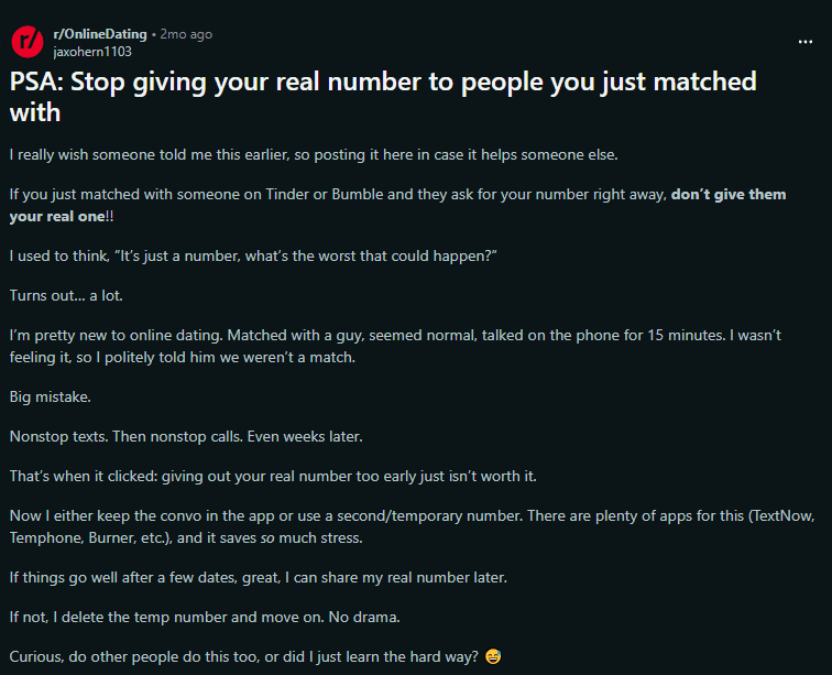 Reddit post warning against sharing real number on dating apps
