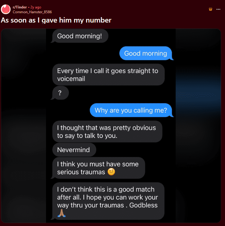 Dating app phone privacy risk - Reddit post showing harassment after 