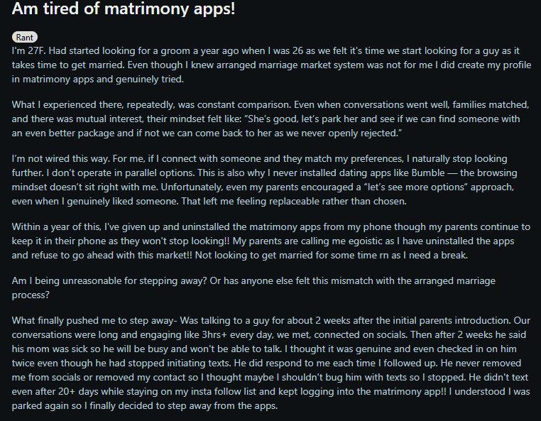 Reddit post from frustrated matrimony user describing endless chats that go nowhere and feeling replaceable on matrimony platforms