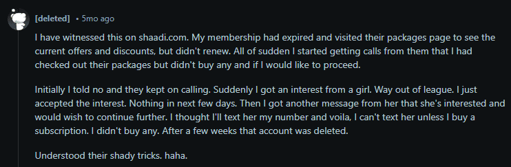 Reddit post describing how Shaadi.com pressured user into buying subscription just to contact matches - paid wall tactics on matrimony platforms