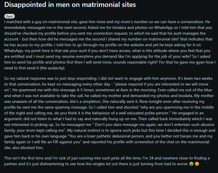 Reddit post describing harassment after sharing phone number on matrimony site - calls from suitor's family, spam messages at 4am