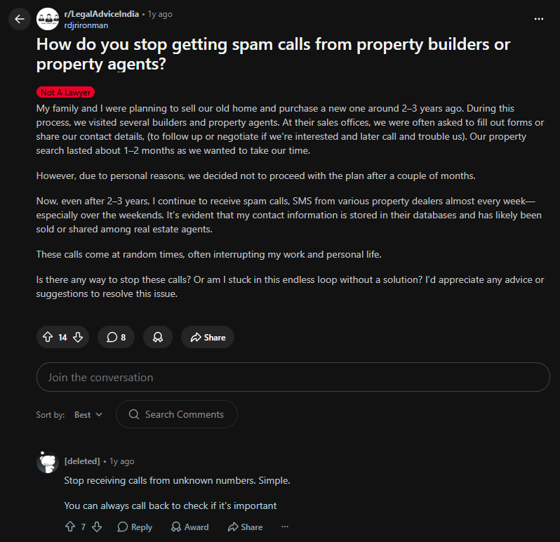 how to hide number from property buyers in India - Reddit r/LegalAdviceIndia user receiving property spam calls for 2 years after single enquiry with number sold across agent databases