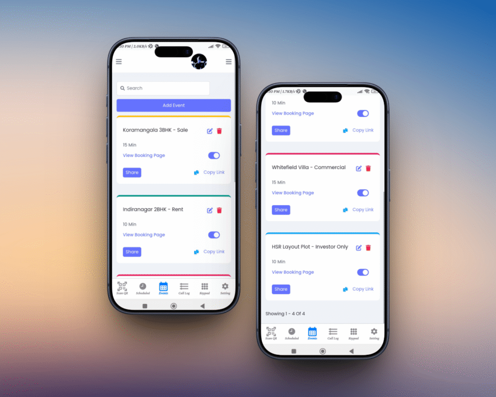 how to hide number from property buyers in India - Call A Link events dashboard showing four separate property links with individual slot durations and booking pages per listing